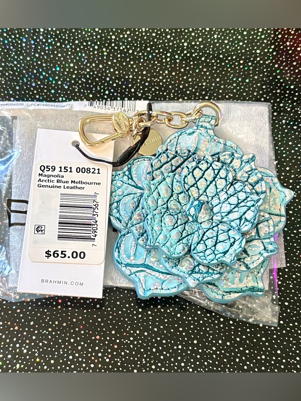 Brahmin Arctic Blue Magnolia Leather Keychain Card Holder